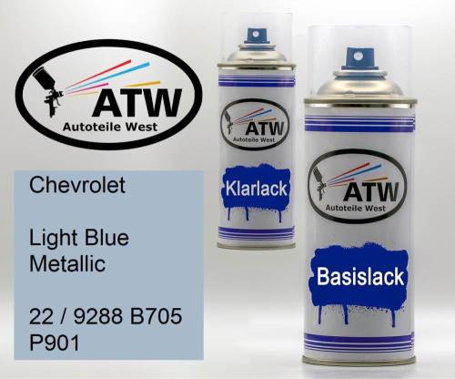 Chevrolet, Light Blue Metallic, 22 / 9288 B705 P901: 400ml Sprühdose + 400ml Klarlack - Set, von ATW Autoteile West.